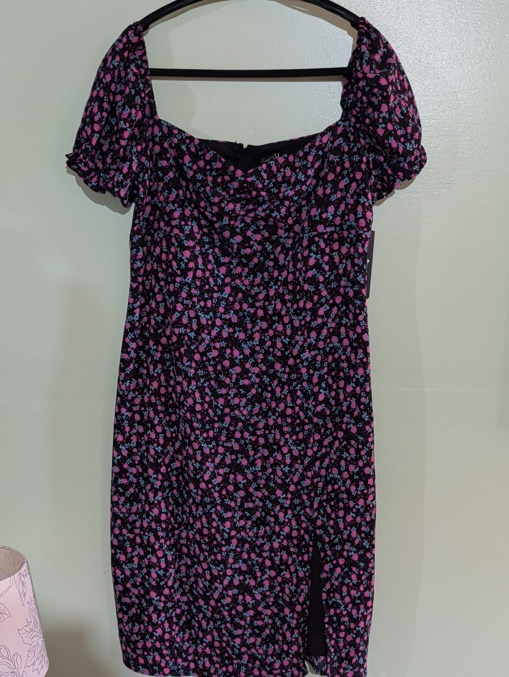 City Triangles Black Midi Dress with Pink & Blue Floral Pattern